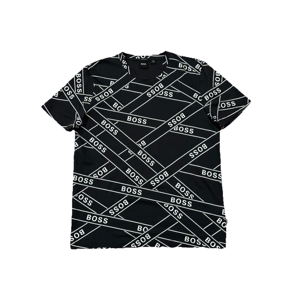 NWOT Hugo Boss Mercerised Cotton Logo Tape Print T Shirt In Black White‎ Men's L